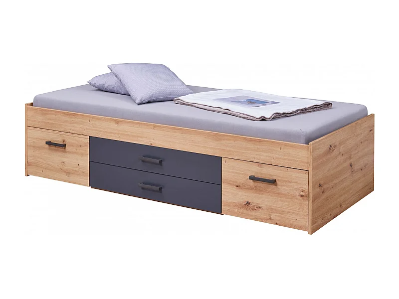 FIDAS - Lit 90x200cm Multi-Rangements Effet Chêne et Anthracite