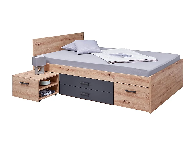 FIDAS - Lit 140x200cm Multi-Rangements Effet Chêne et Anthracite