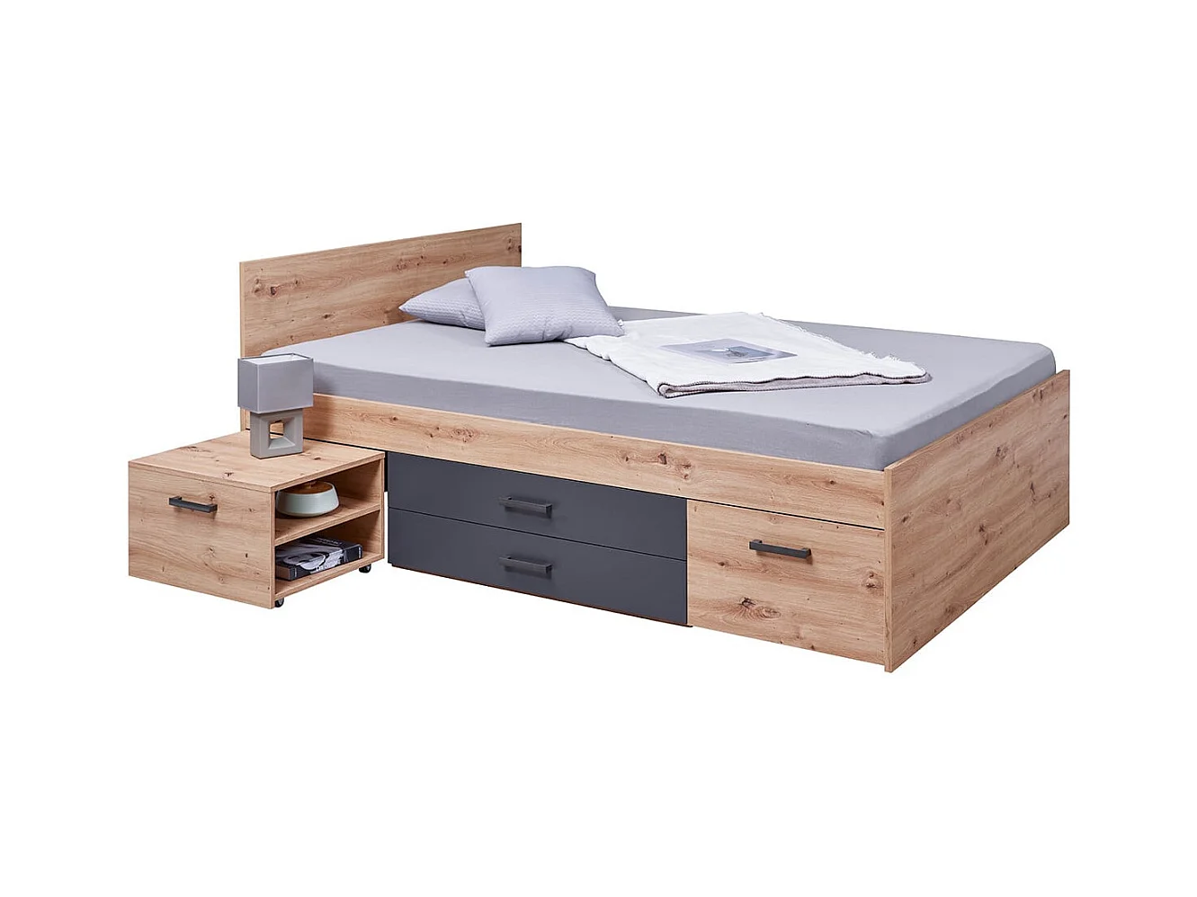 FIDAS - Lit 140x200cm Multi-Rangements Effet Chêne et Anthracite