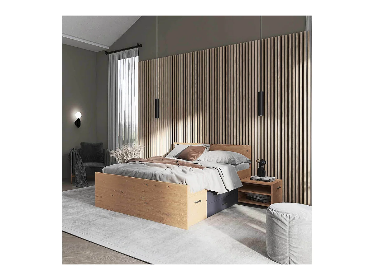 FIDAS - Lit 140x200cm Multi-Rangements Effet Chêne et Anthracite