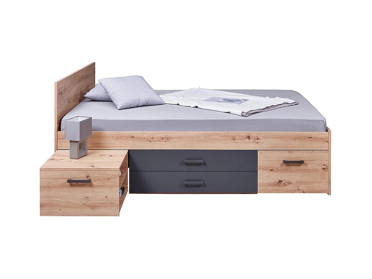 FIDAS - Lit 140x200cm Multi-Rangements Effet Chêne et Anthracite