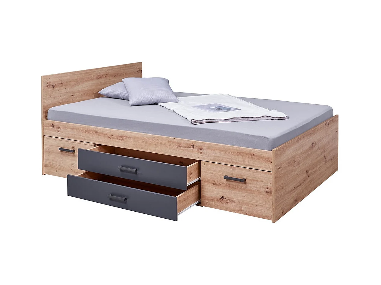 FIDAS - Lit 140x200cm Multi-Rangements Effet Chêne et Anthracite