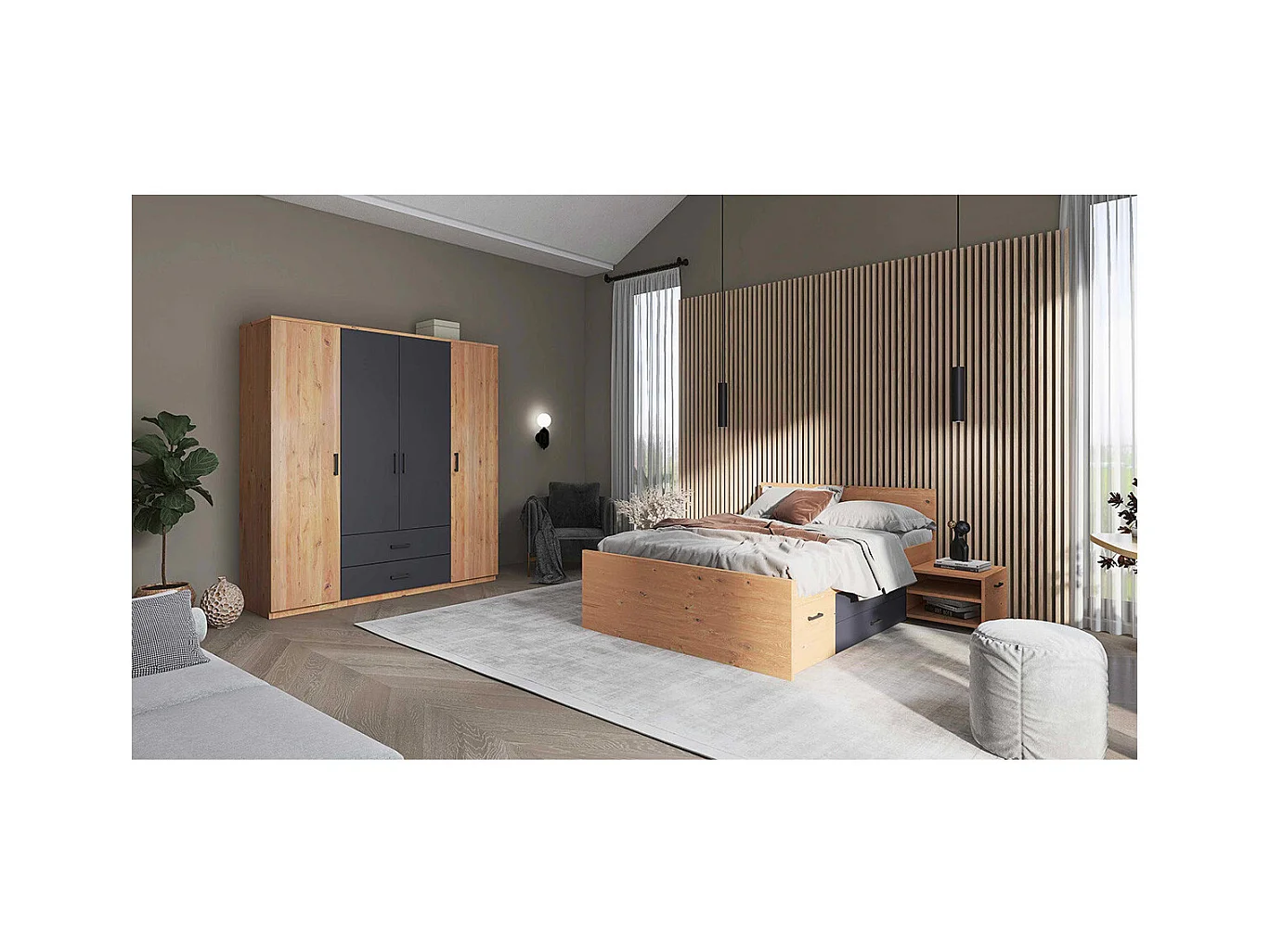 FIDAS - Lit 140x200cm Multi-Rangements Effet Chêne et Anthracite