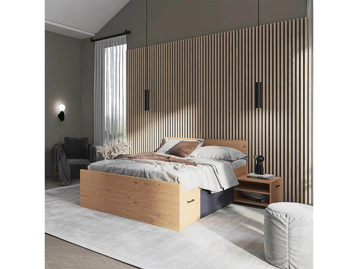 FIDAS - Lit 140x200cm Multi-Rangements Effet Chêne et Anthracite