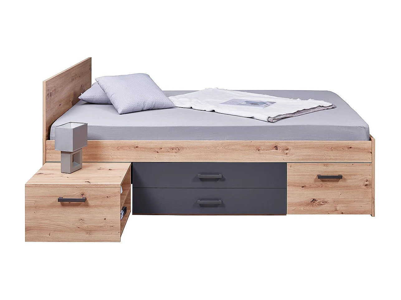 FIDAS - Lit 140x200cm Multi-Rangements Effet Chêne et Anthracite