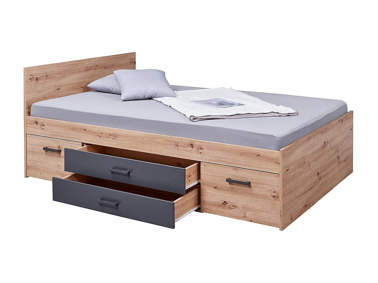 FIDAS - Lit 140x200cm Multi-Rangements Effet Chêne et Anthracite