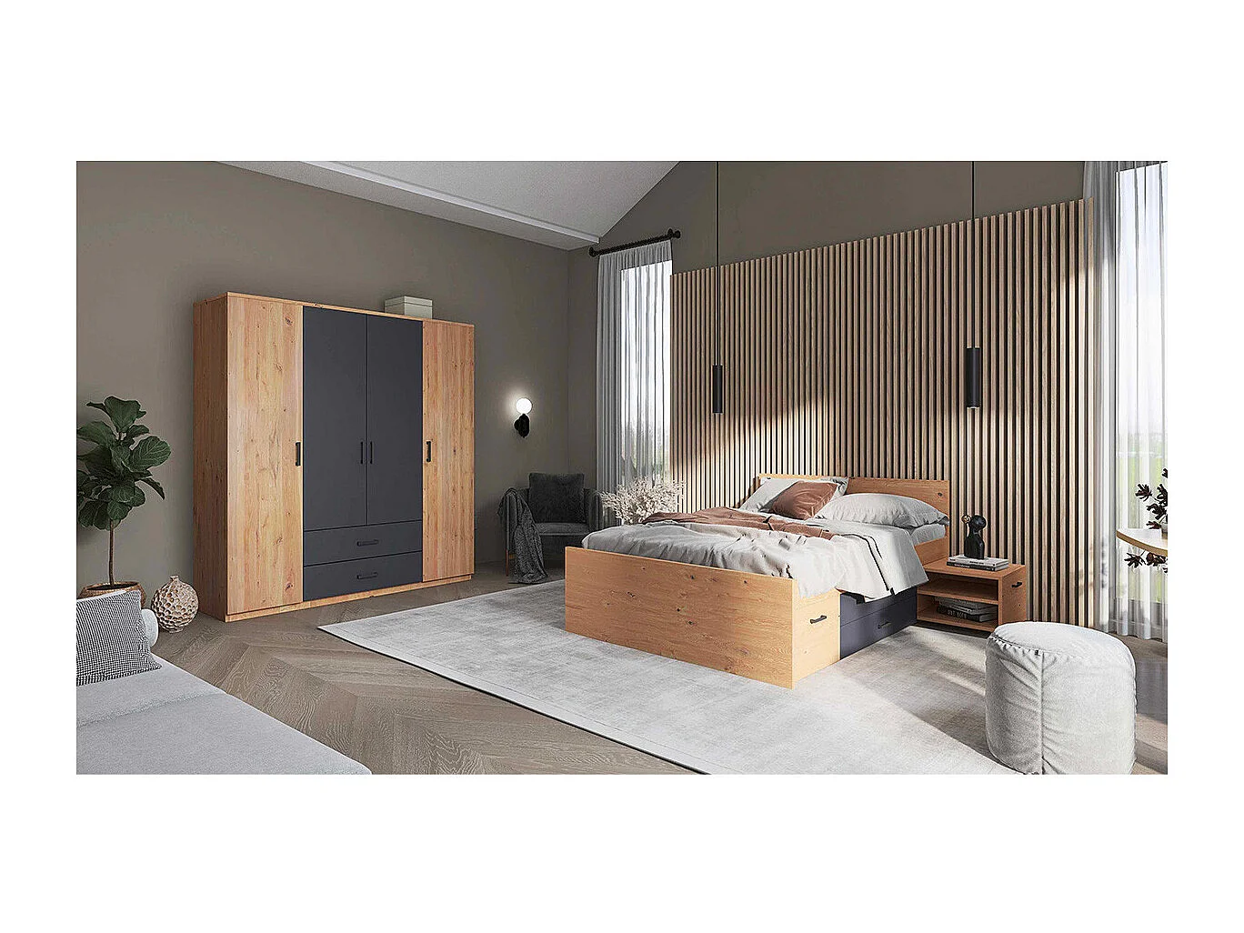 FIDAS - Lit 140x200cm Multi-Rangements Effet Chêne et Anthracite