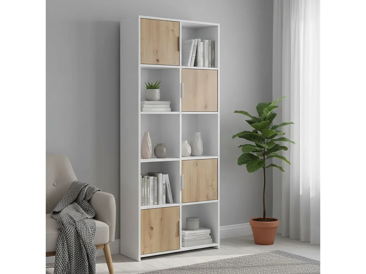 OPHELY - Meuble 5 Portes 5 Niches Blanc et Effet Bois