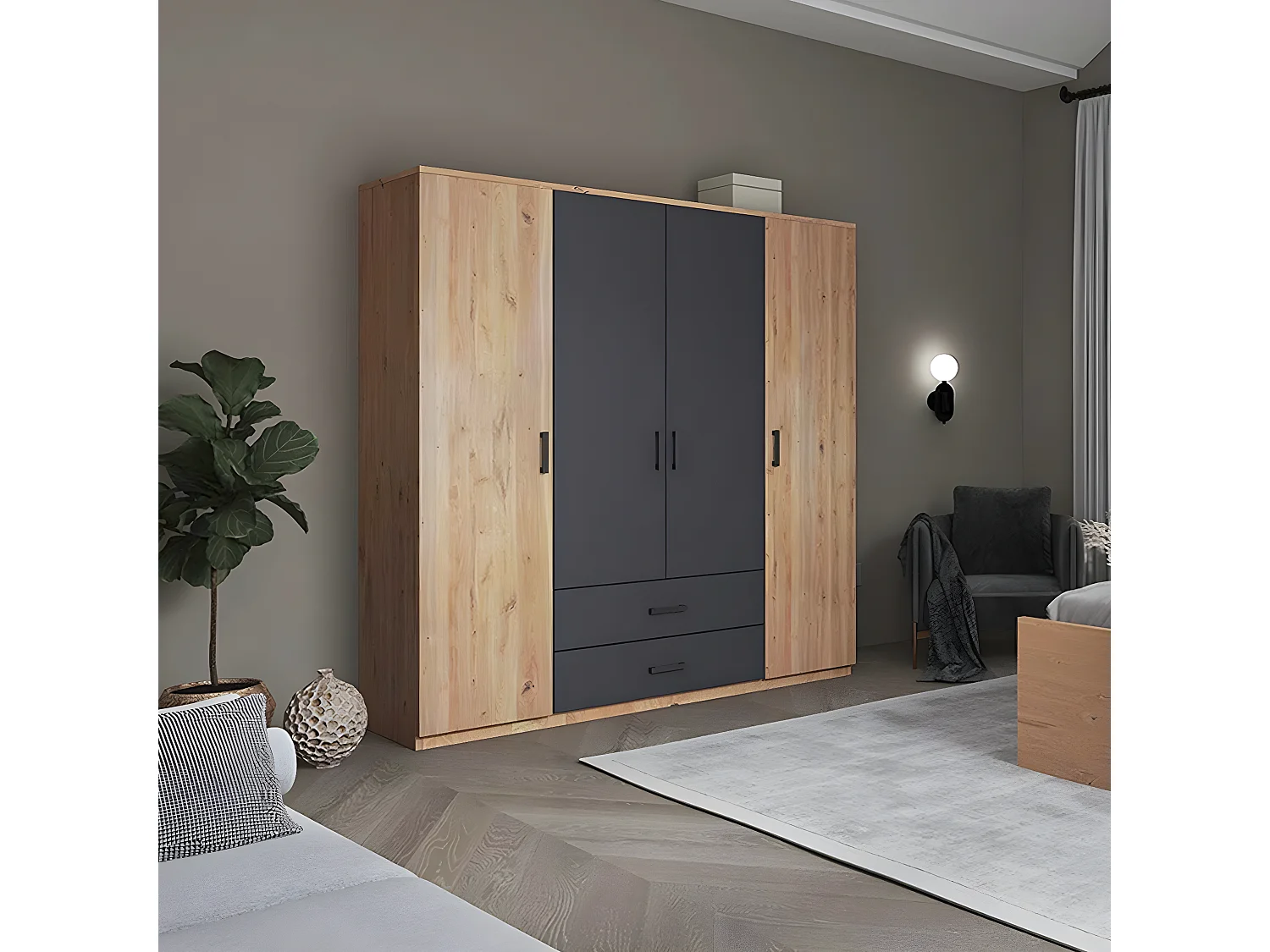 FIDAS - Armoire 4 Portes Effet Chêne et Anthracite