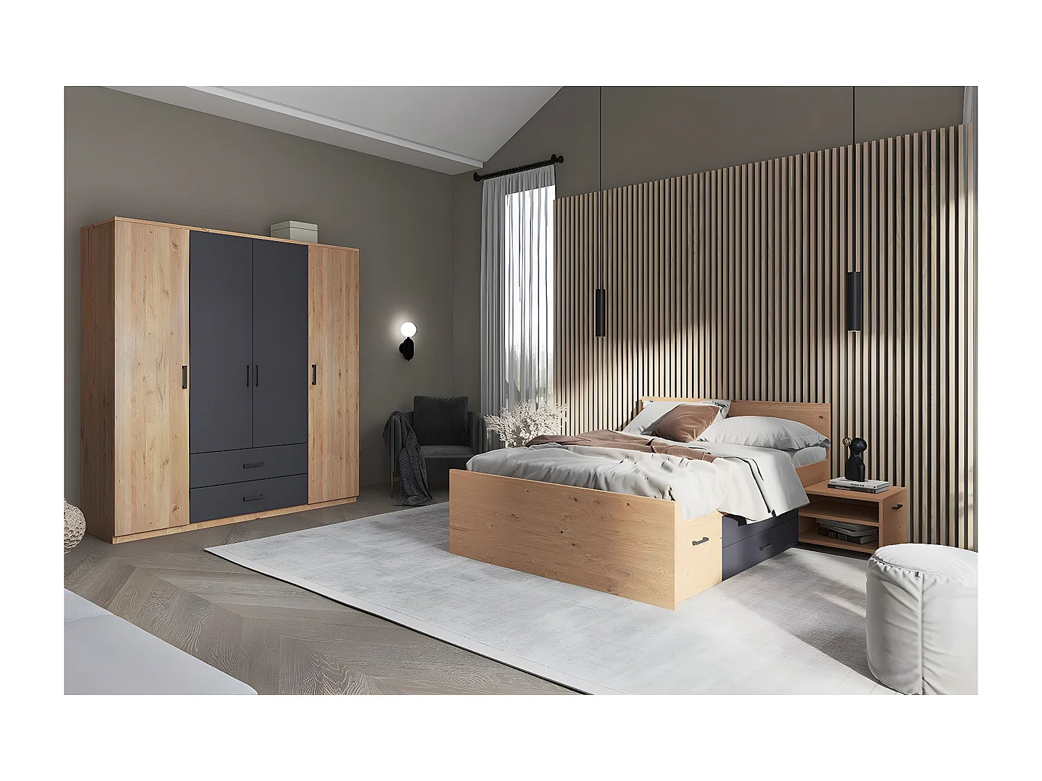 FIDAS - Armoire 4 Portes Effet Chêne et Anthracite