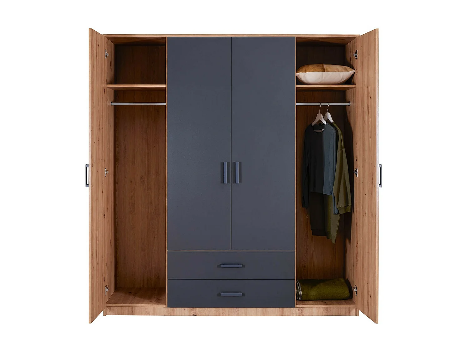 FIDAS - Armoire 4 Portes Effet Chêne et Anthracite