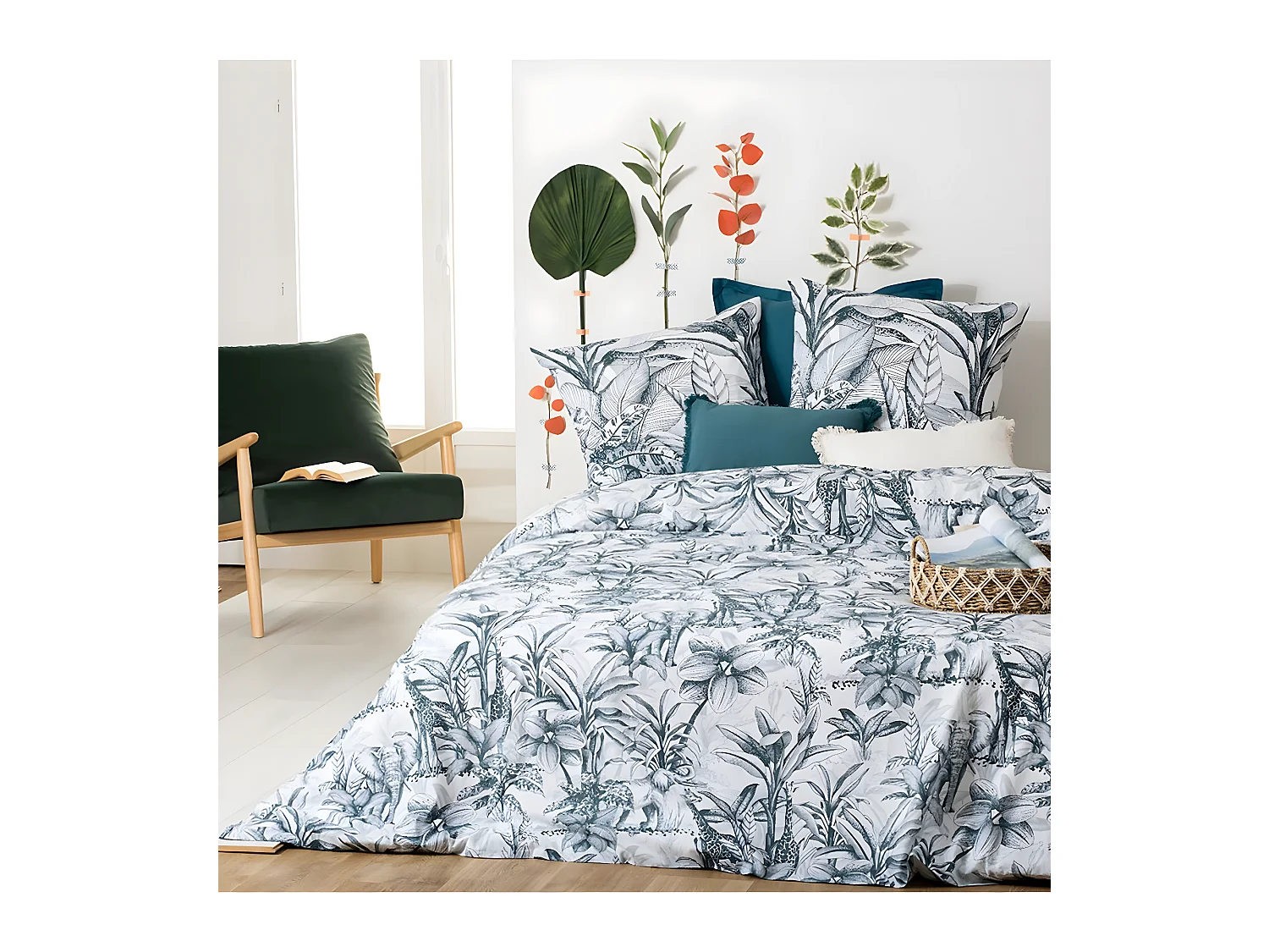 Parure de lit 2 Personnes 240 x 220 cm Housse de couette avec 2 taies en Coton Imprimé Jouy