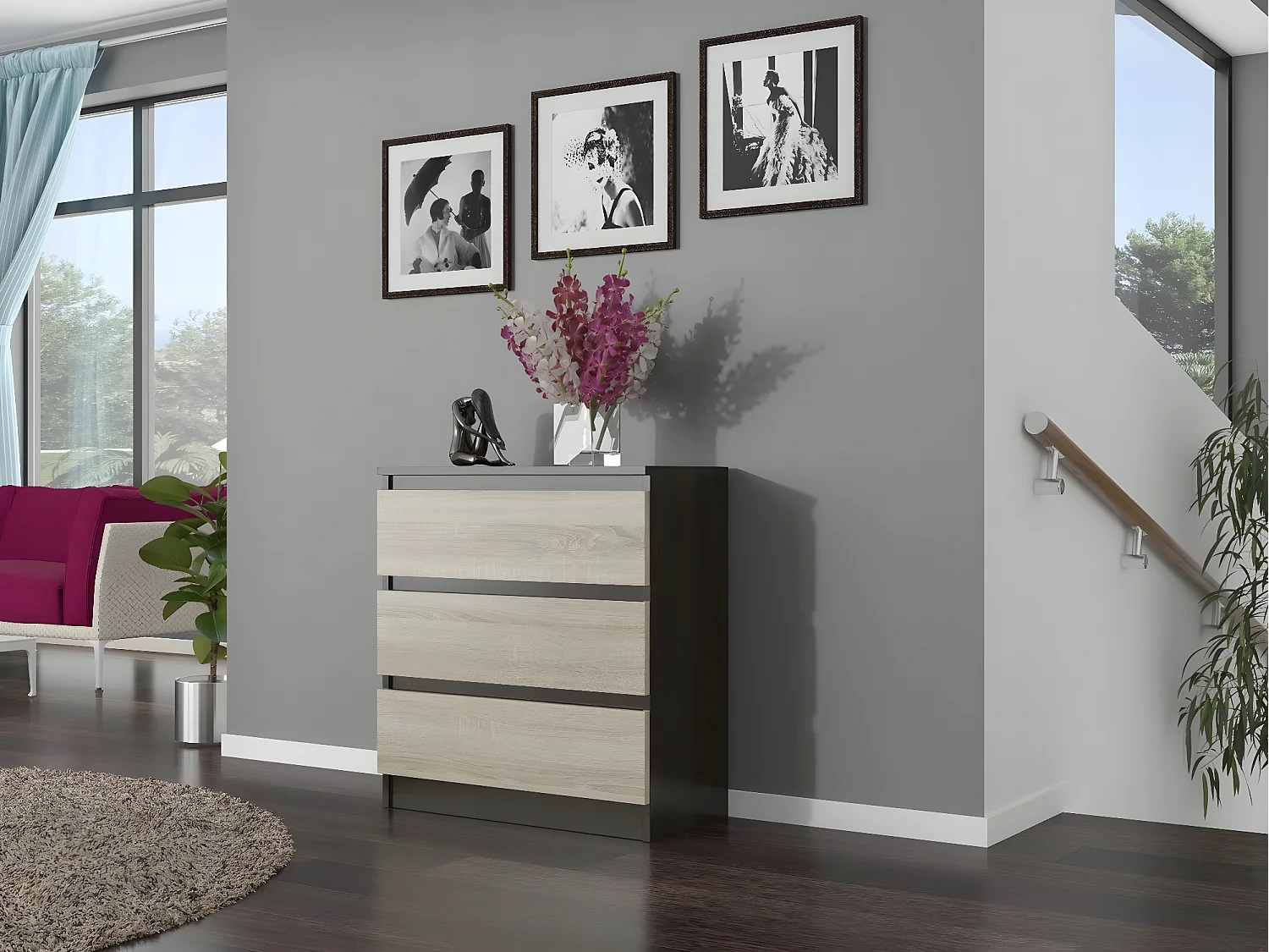 GENEVA | Commode contemporaine chambre salon bureau | 70x40x76 | 3 tiroirs | Meuble de rangement scandinave | Chiffonier moderne