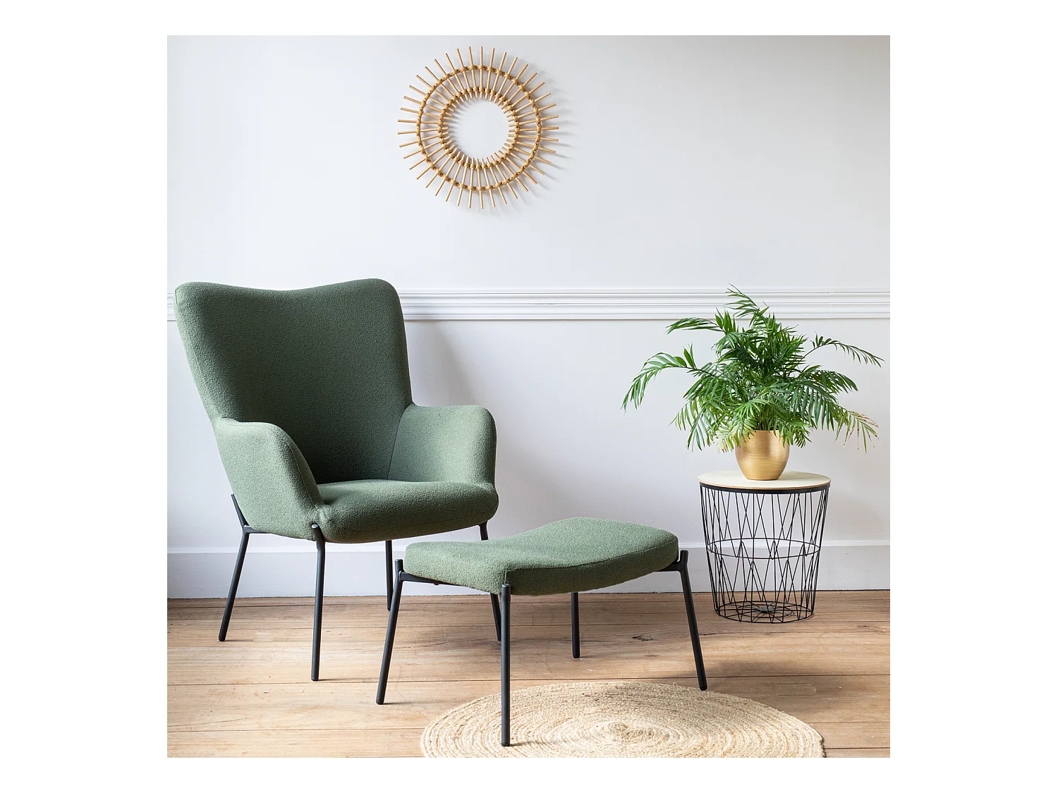 Fauteuil en tissu boucle vert kaki avec repose-pieds EIRA - HAPPY GARDEN