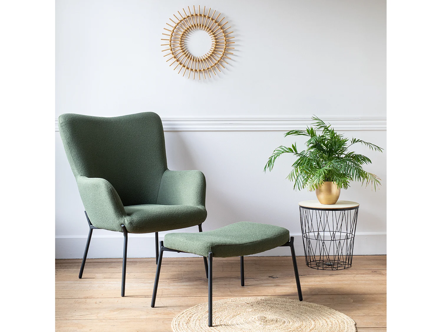 Fauteuil en tissu boucle vert kaki avec repose-pieds EIRA - HAPPY GARDEN