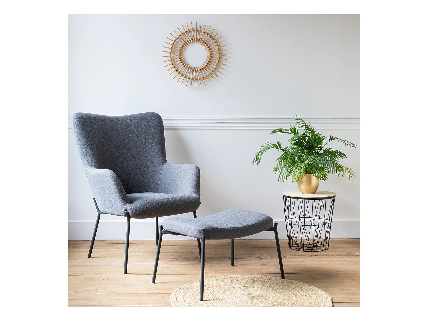 Fauteuil en tissu boucle gris avec repose-pieds EIRA - HAPPY GARDEN