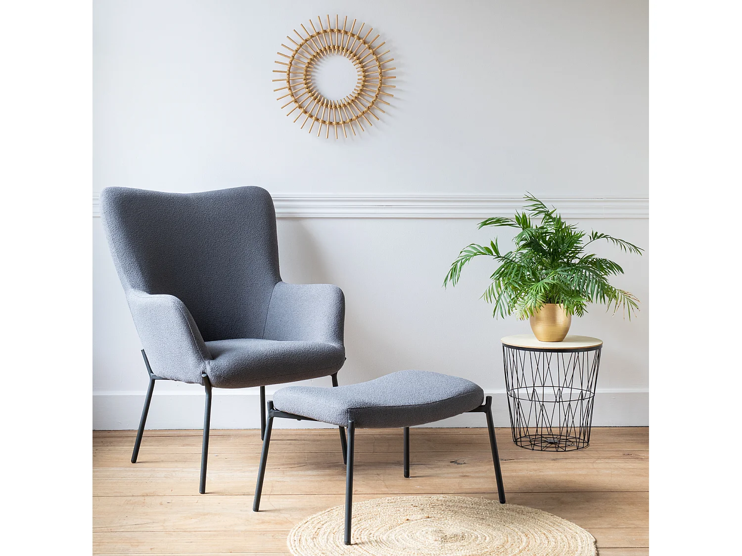 Fauteuil en tissu boucle gris avec repose-pieds EIRA - HAPPY GARDEN