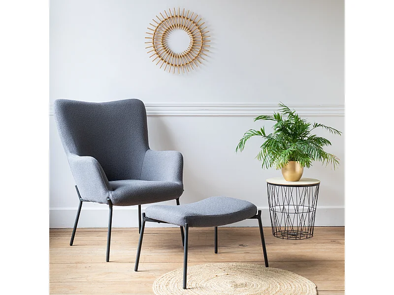Fauteuil en tissu boucle gris avec repose-pieds EIRA - HAPPY GARDEN