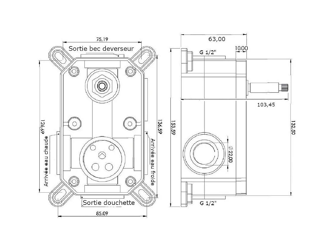 Mitigeur baignoire à encastrer avec douchette CARLOW acier brossé