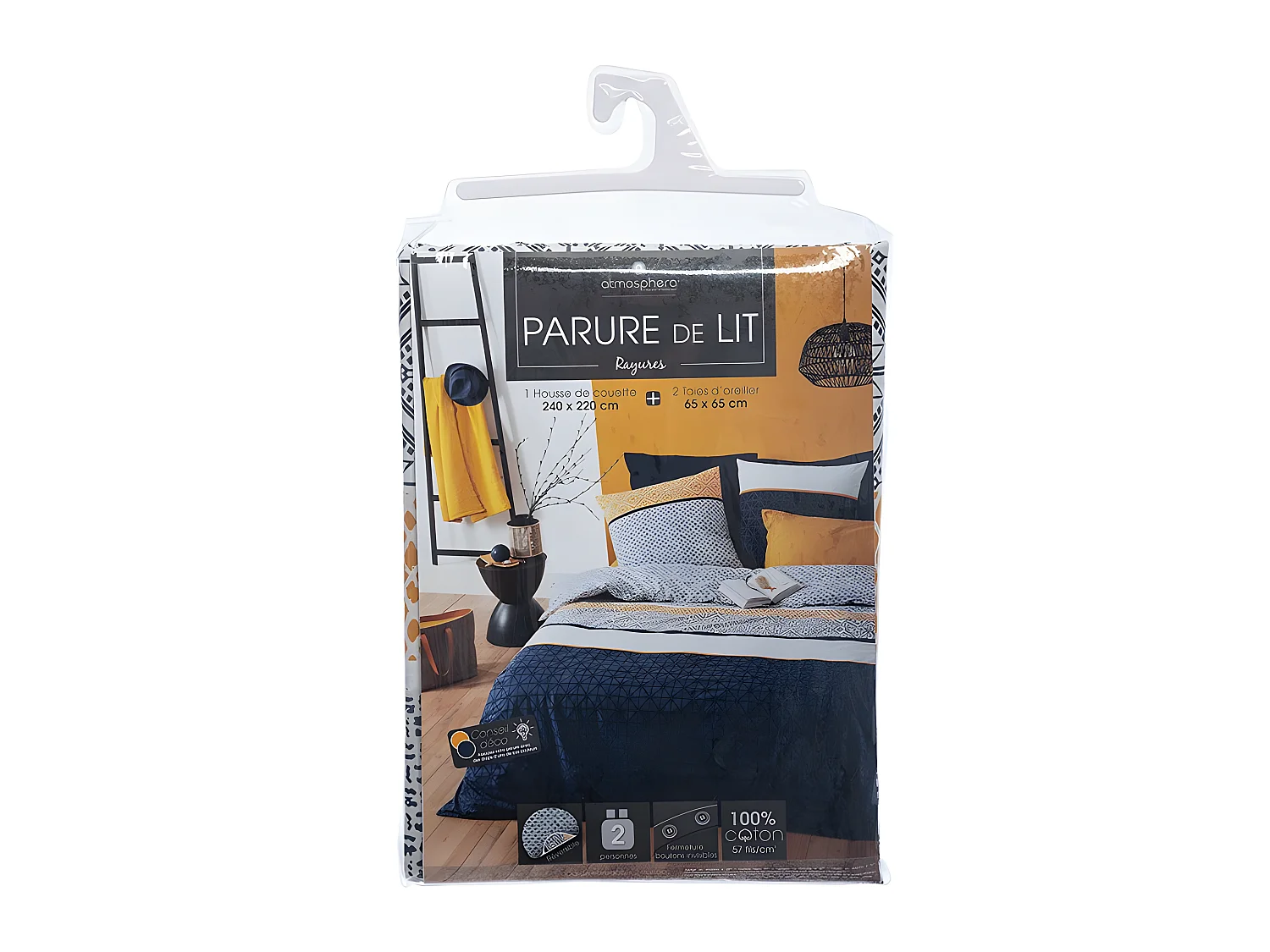 Parure de lit 2 Personnes 240 x 220 cm Housse de couette avec 2 taies imprimé Rayures Ethnik