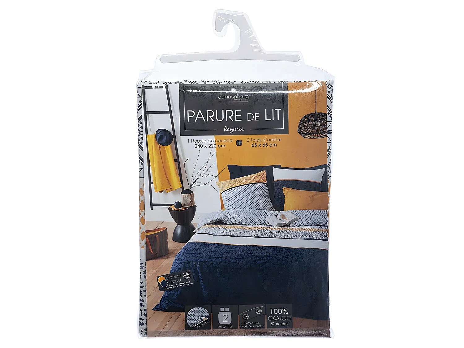 Parure de lit 2 Personnes 240 x 220 cm Housse de couette avec 2 taies imprimé Rayures Ethnik