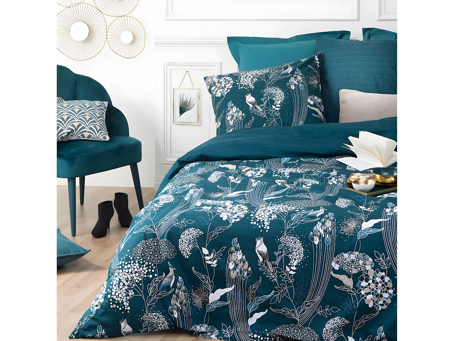 Parure de lit 2 Personnes 240 x 220 cm Housse de couette avec 2 taies Imprimé Art D Paon