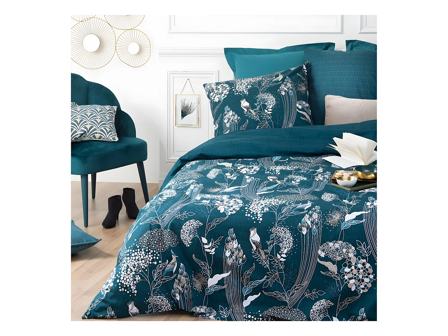 Parure de lit 2 Personnes 240 x 220 cm Housse de couette avec 2 taies Imprimé Art D Paon