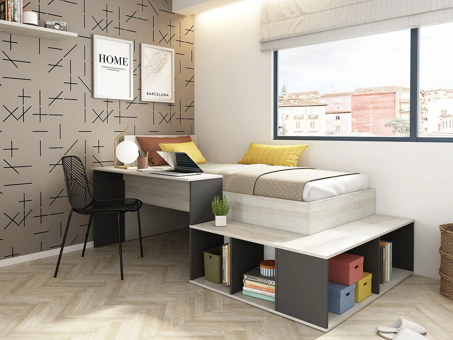 Łóżko wielofunkcyjne 90 × 200 cm z ze skrzynią  i biurkiem – naturalne i antracytowe + stelaż – RIGALI