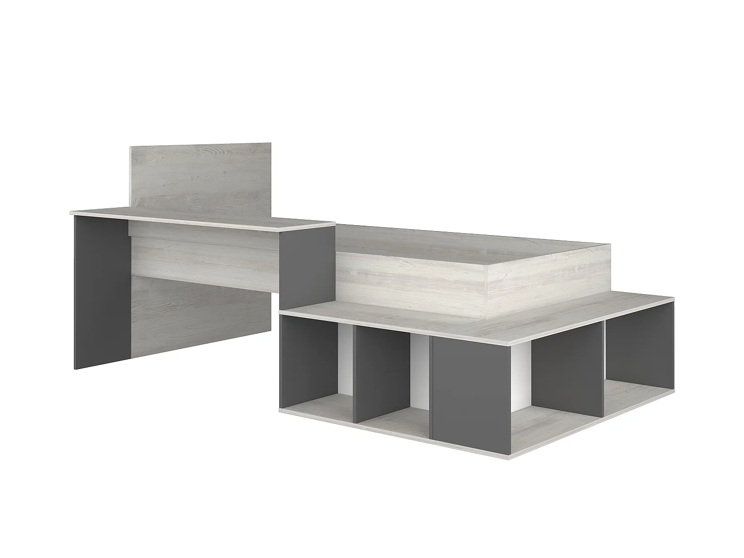 Cama 90 x 200 cm con compartimentos y escritorio - Color: natural y antracita + Somier - RIGALI