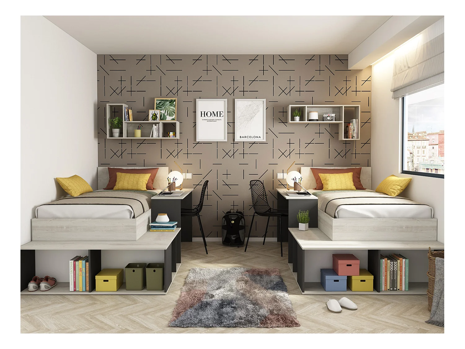 Cama 90 x 200 cm con compartimentos y escritorio - Color: natural y antracita + Somier - RIGALI