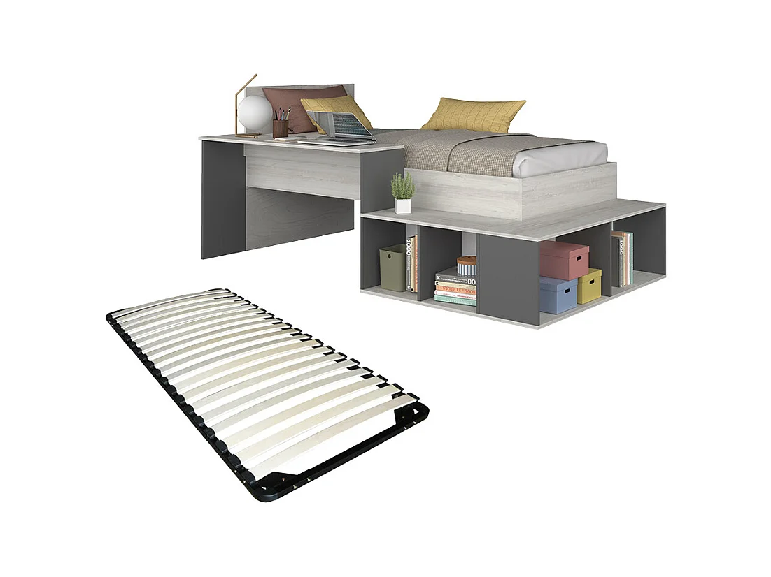 Cama 90 x 200 cm con compartimentos y escritorio - Color: natural y antracita + Somier - RIGALI