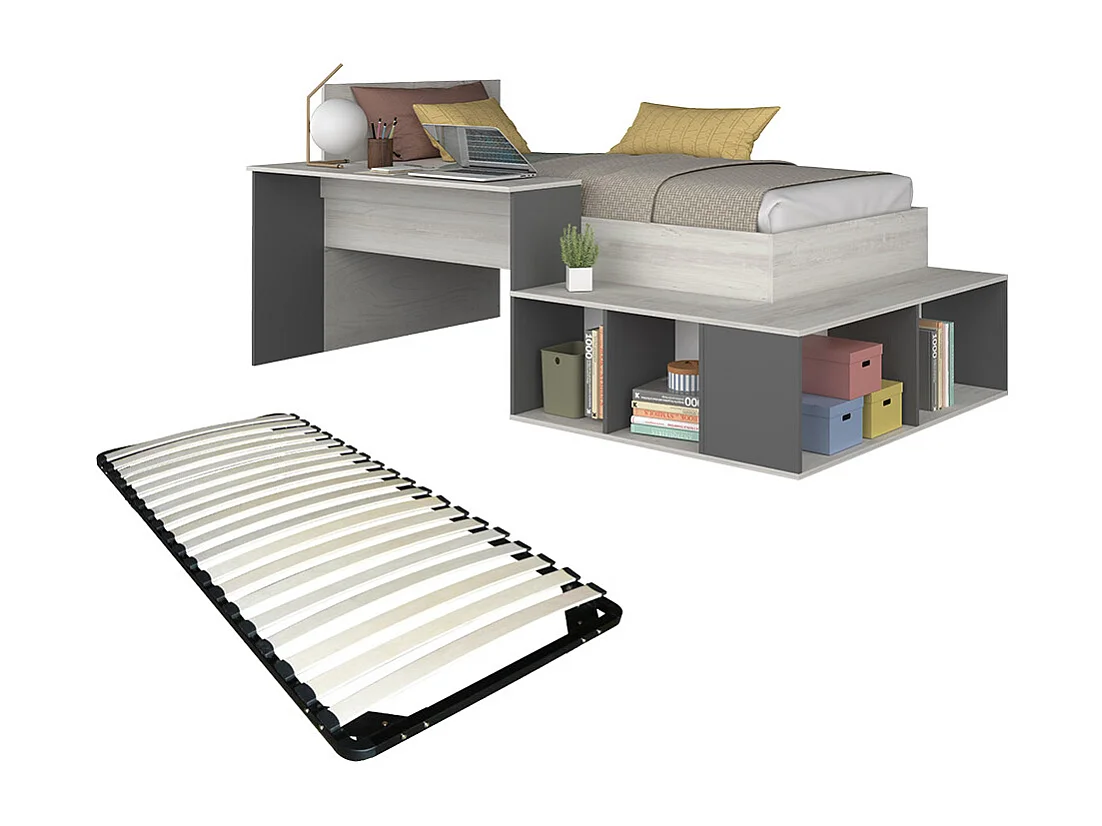 Hoogslaper 90 x 200 cm met opbergruimte en bureau - Kleur: naturel en antraciet + bedbodem - RIGALI