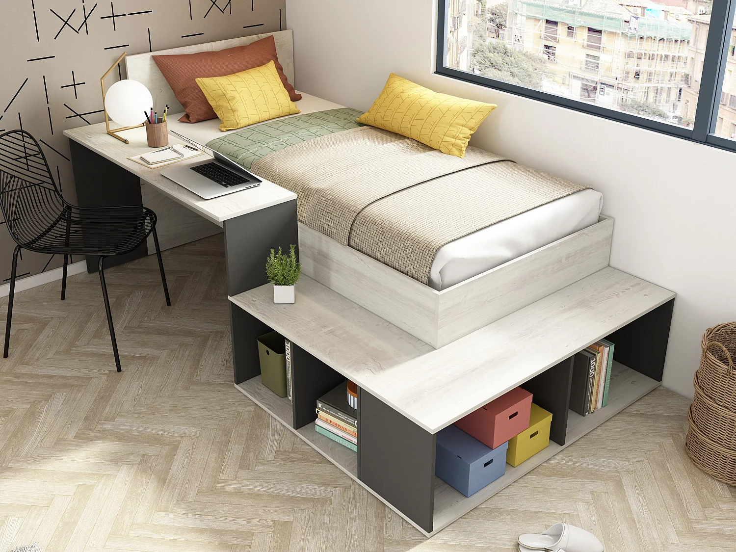 Hoogslaper 90 x 200 cm met opbergruimte en bureau - Kleur: naturel en antraciet + bedbodem - RIGALI