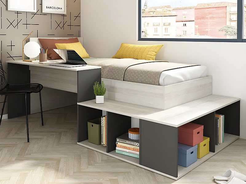 Lit combiné 90 x 200 cm avec rangements et bureau - Coloris : Naturel et anthracite + Sommier - RIGALI