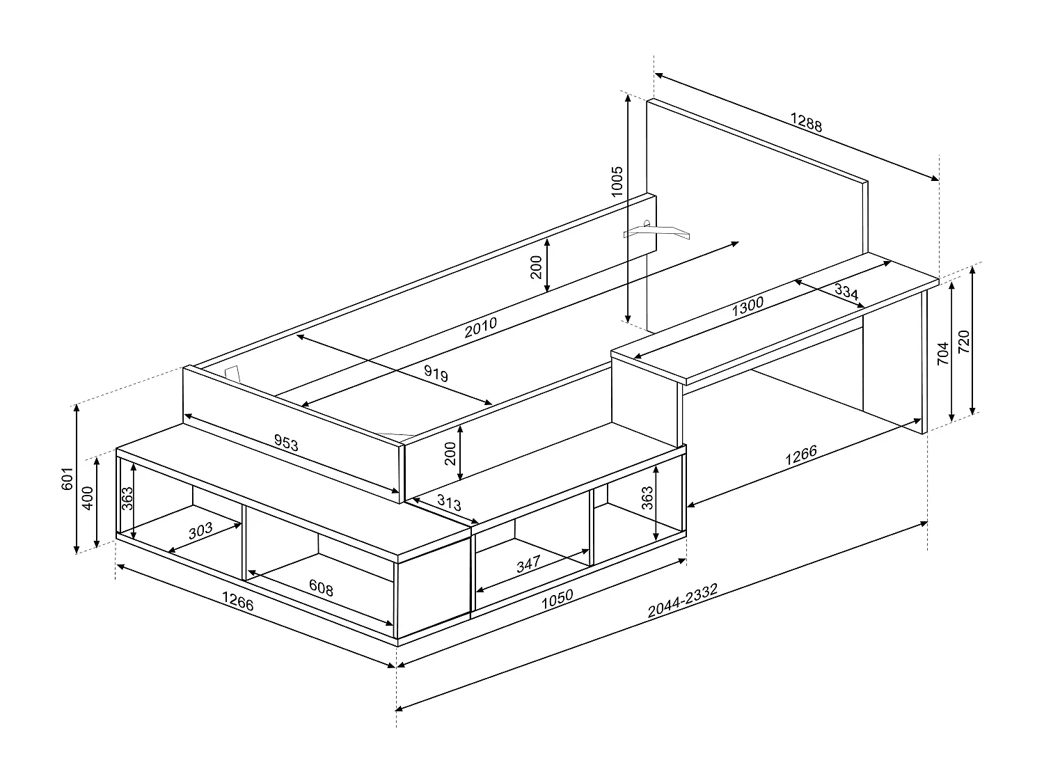 Cama combinada 90 x 200 cm com espaços de arrumação e secretária, cor natural e antracite + sommier + colchão - RIGALI