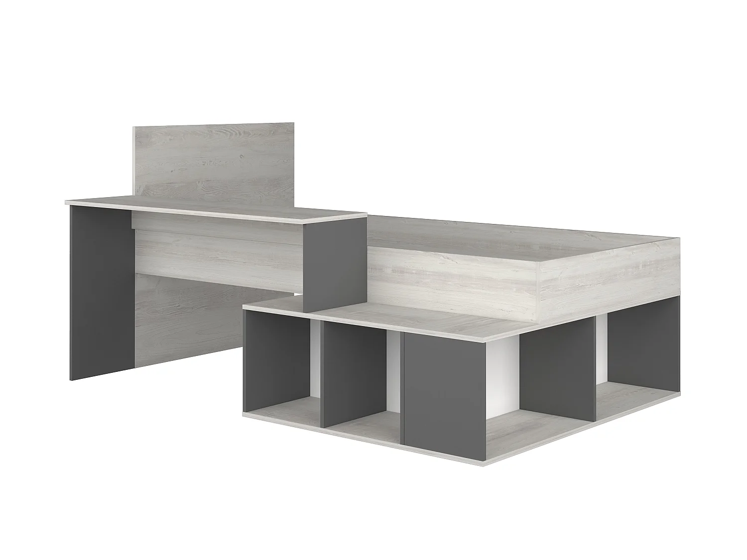 Cama combinada 90 x 200 cm com espaços de arrumação e secretária, cor natural e antracite + sommier + colchão - RIGALI