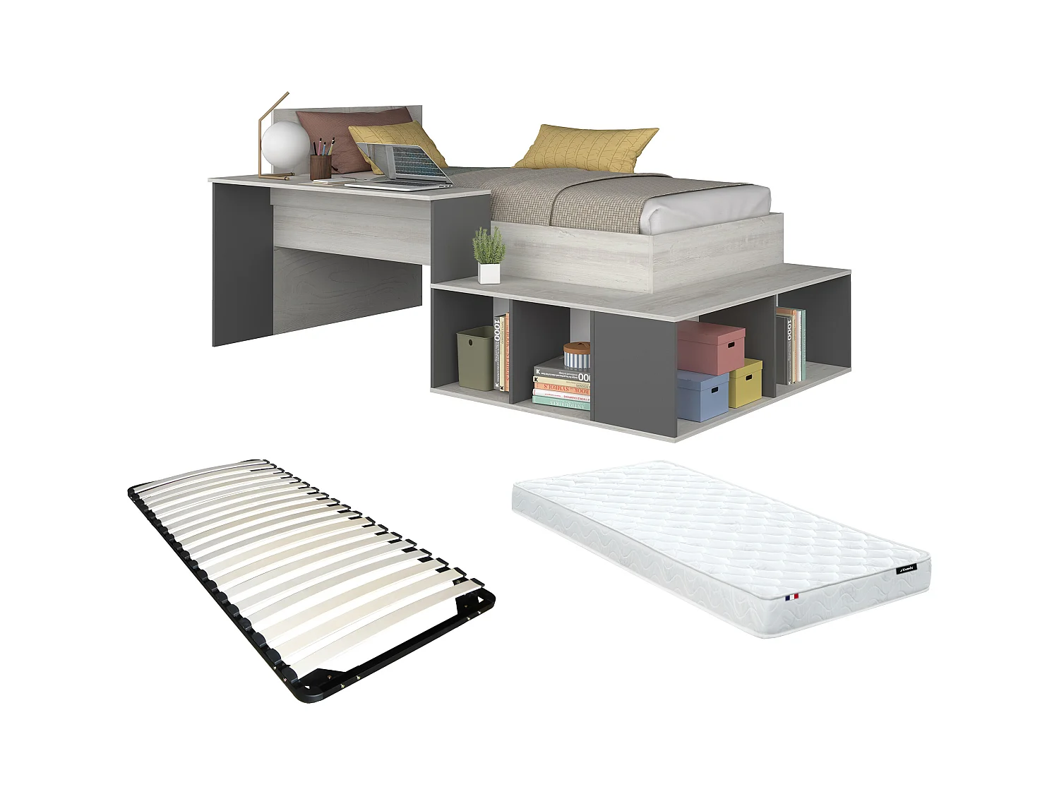 Cama combinada 90 x 200 cm com espaços de arrumação e secretária, cor natural e antracite + sommier + colchão - RIGALI