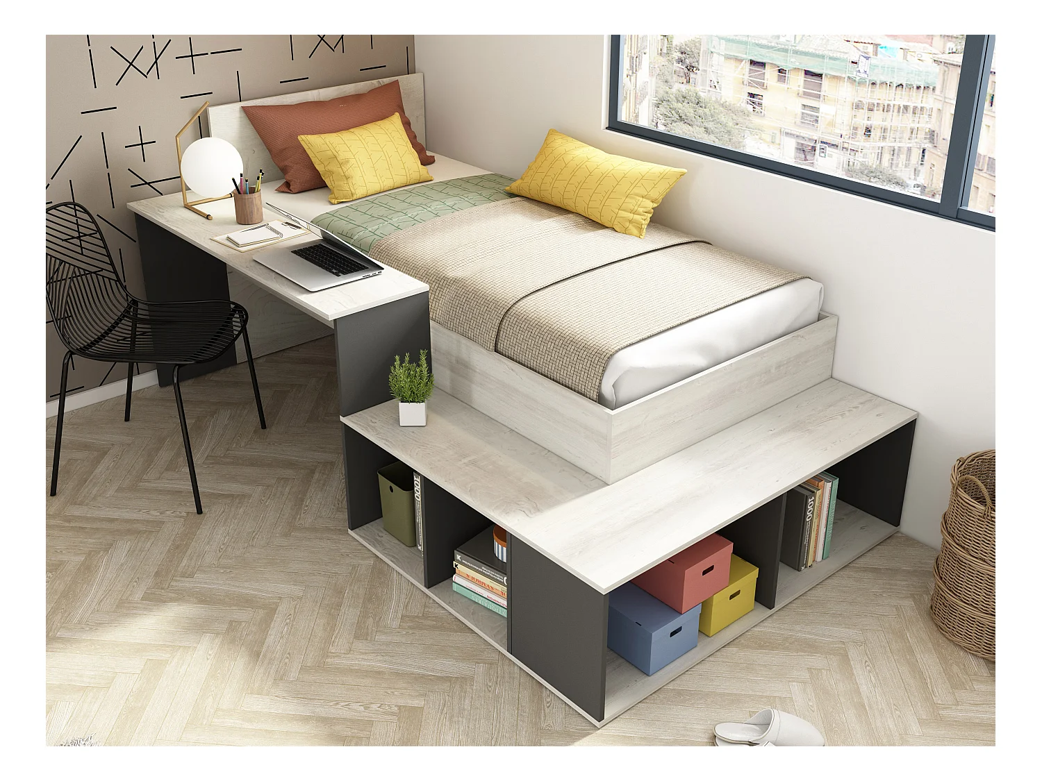 Cama 90 x 200 cm con compartimentos y escritorio - Color: natural y antracita + Somier + colchón - RIGALI