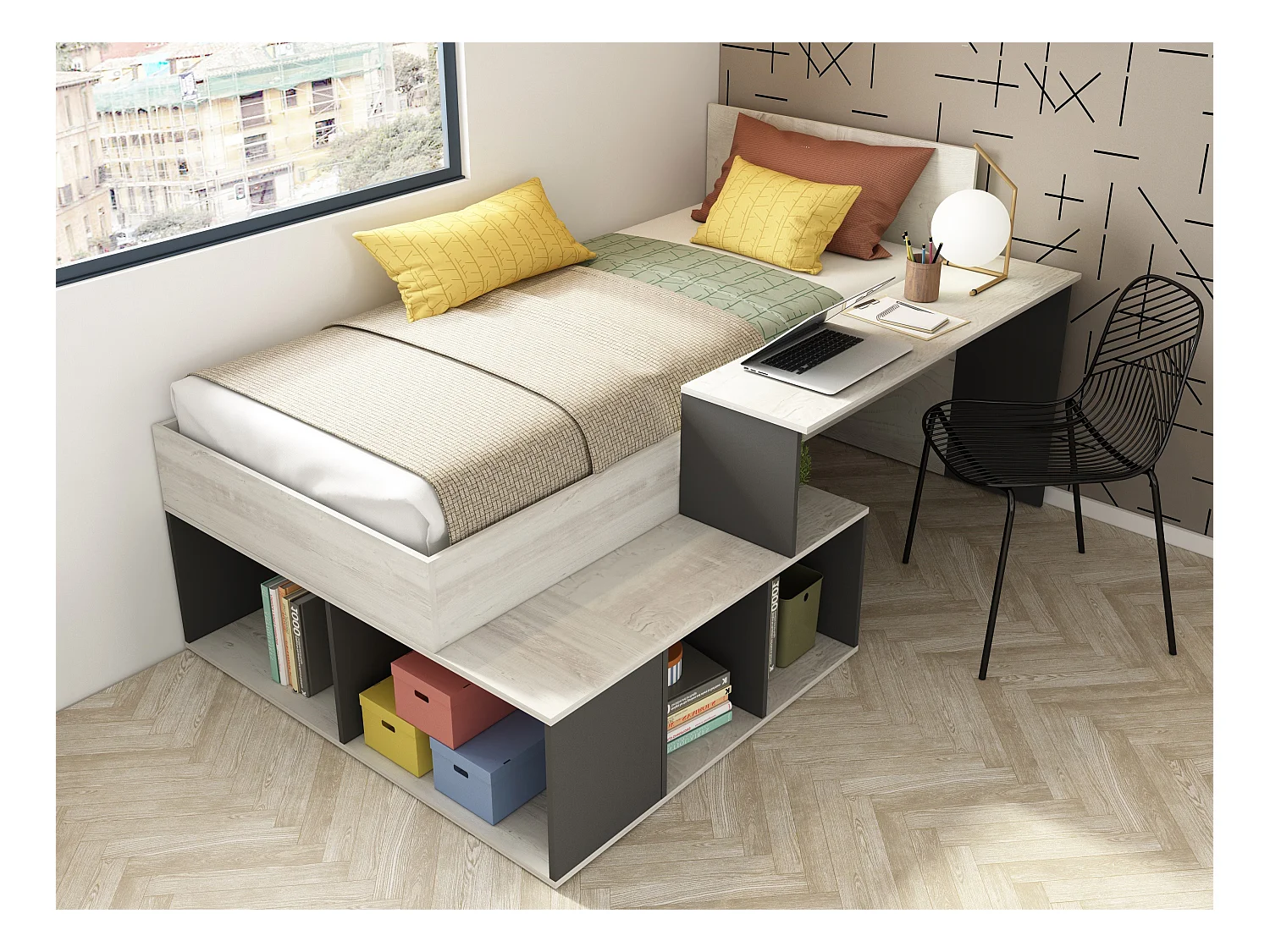 Cama 90 x 200 cm con compartimentos y escritorio - Color: natural y antracita + Somier + colchón - RIGALI