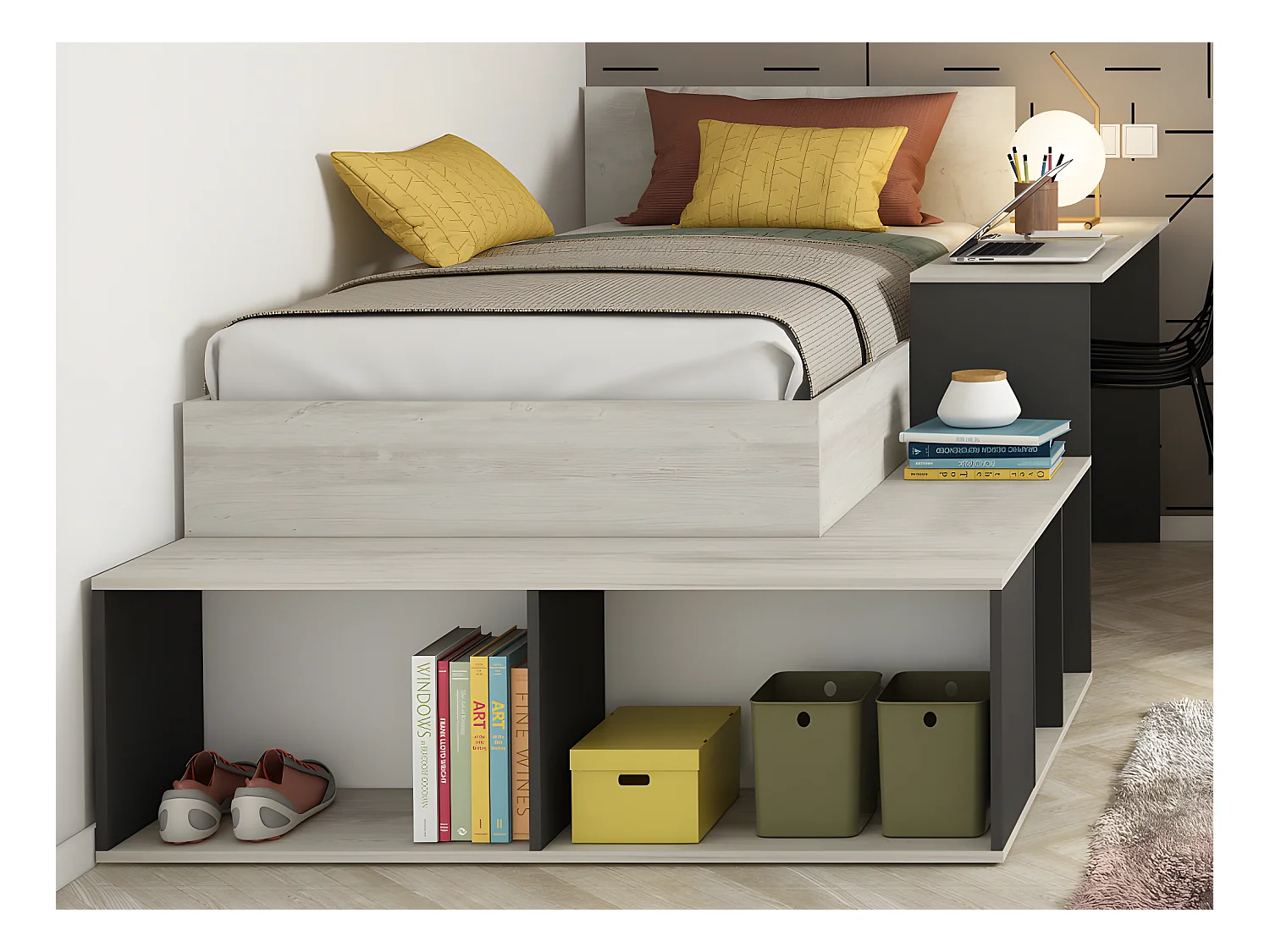 Cama 90 x 200 cm con compartimentos y escritorio - Color: natural y antracita + Somier + colchón - RIGALI