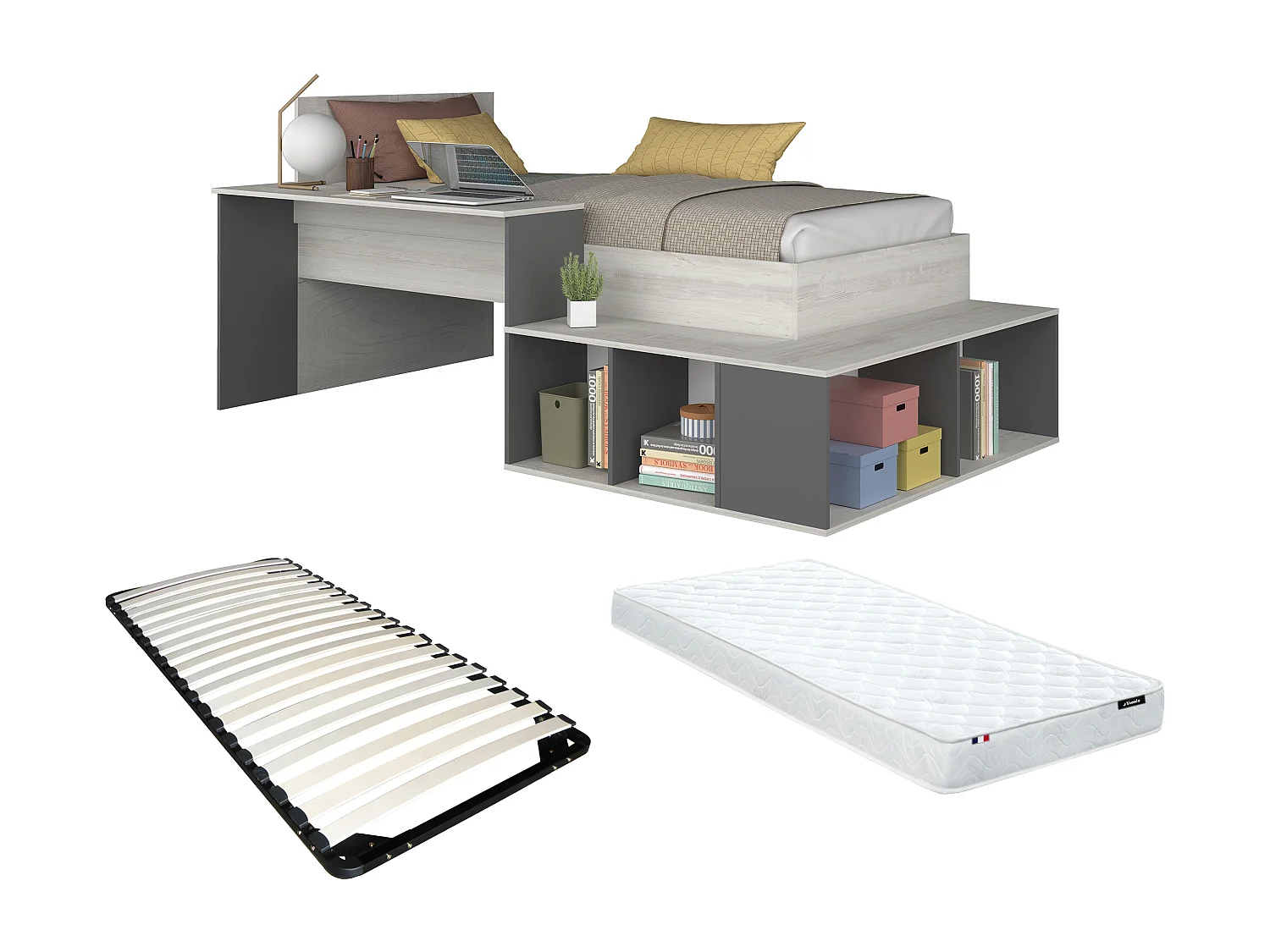 Hoogslaper 90 x 200 cm met opbergruimte en bureau - Kleur: naturel en antraciet + bedbodem + matras - RIGALI