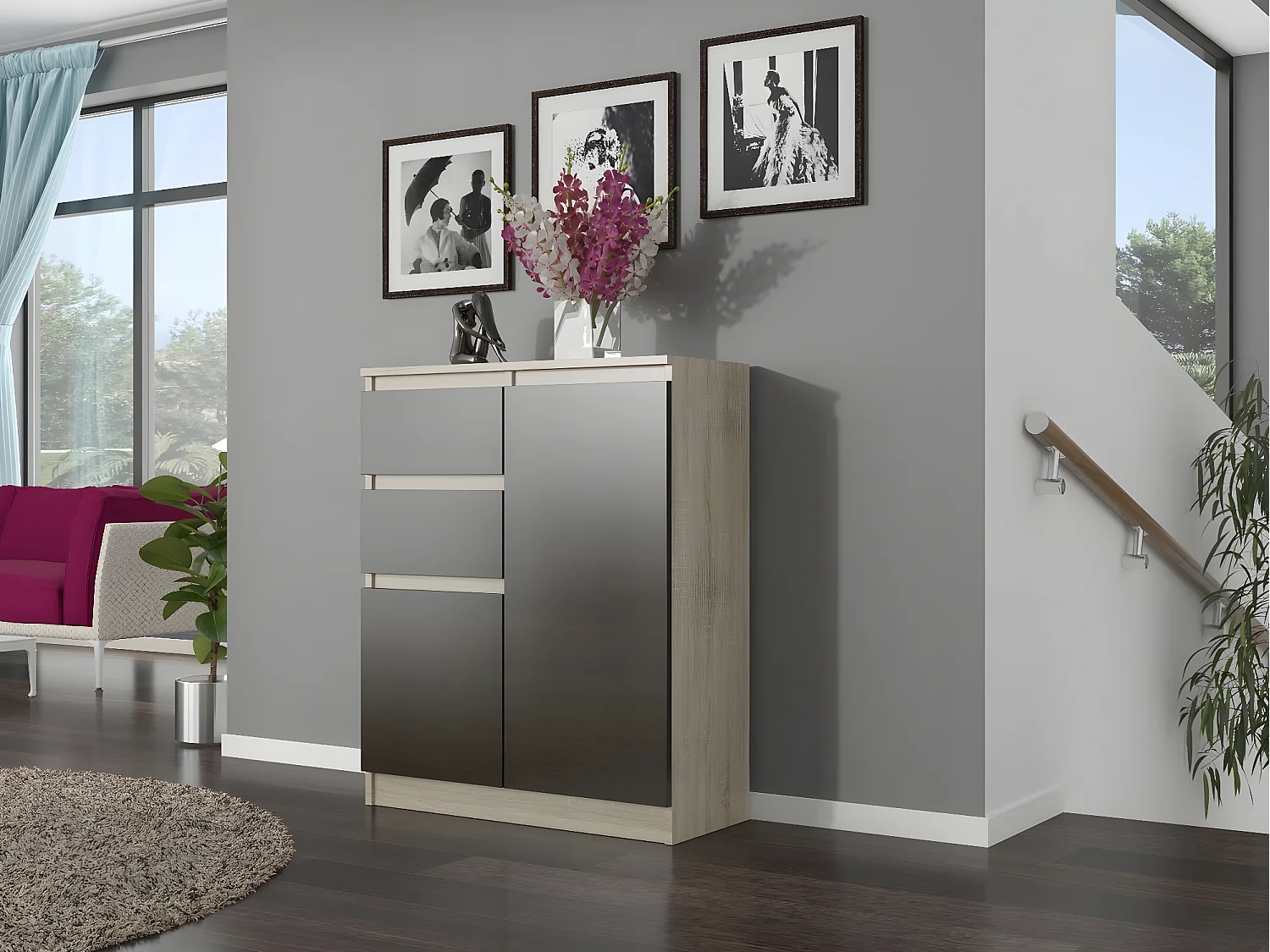 LISBON | Commode contemporaine chambre/salon/bureau | 98x80x40cm | Rangement 2 tiroirs + 2 portes | Buffet style moderne