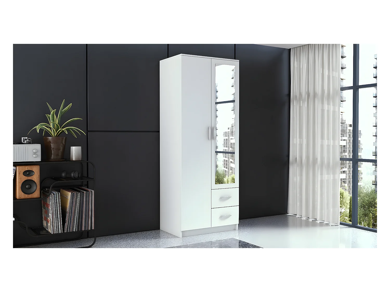 ROMA 80 | Pequeño armario dormitorio oficina | Armario multifunción | 2 puertas | Espejo | 2 cajones | Armario de almacenamiento | Vestidor