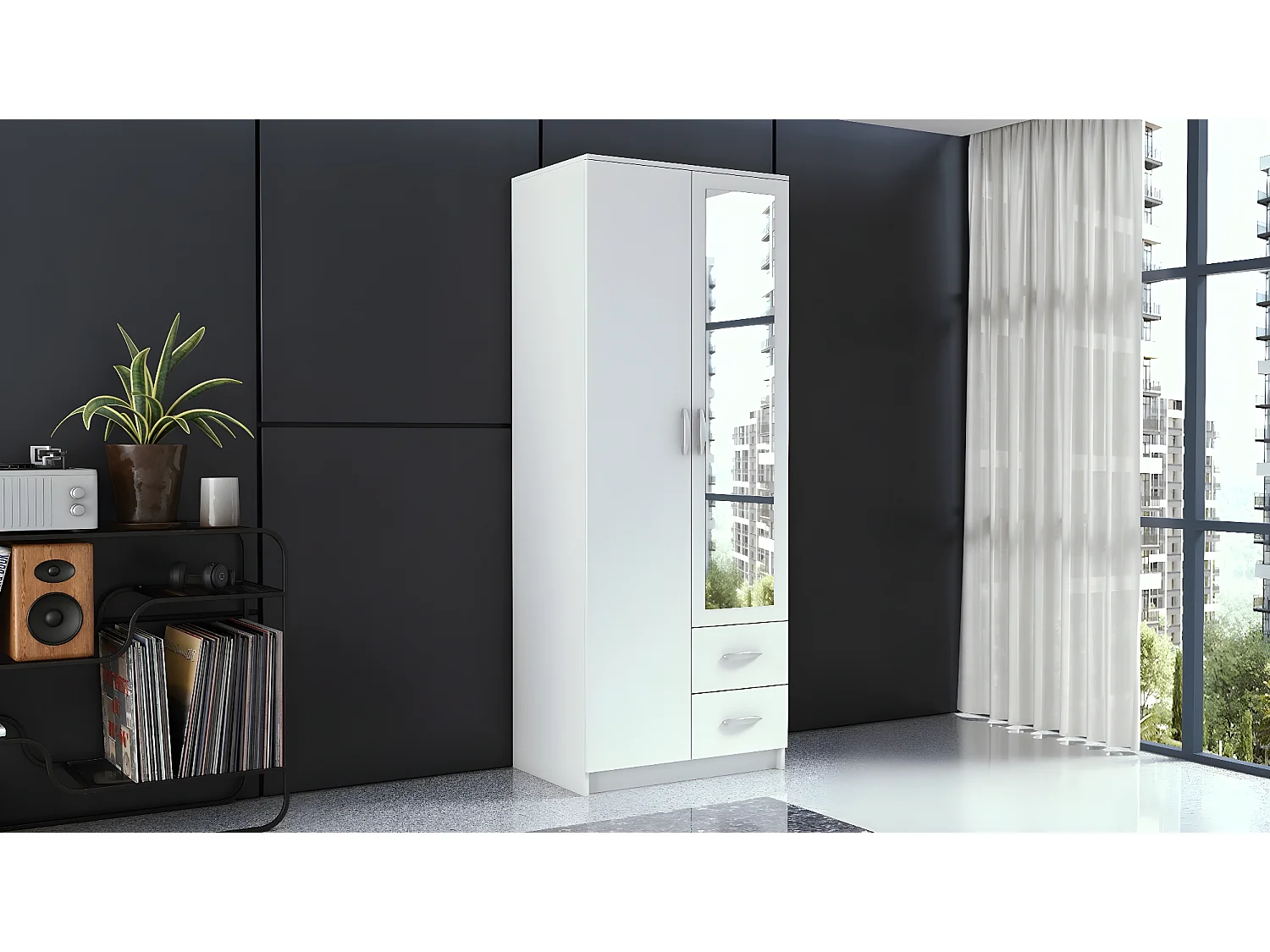 ROMA 80 | Kleiner Schrank Zimmer Büro | Multifunktionaler Kleiderschrank | 2 Türen | Spiegel | 2 Schubladen | Aufbewahrungsmöbel | Dressing