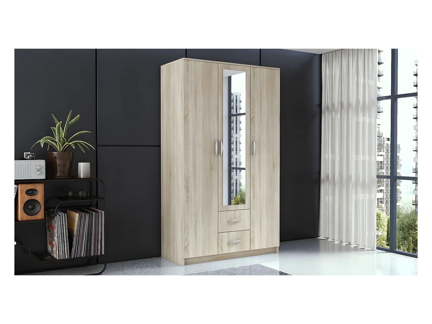 ROMA | Grande Armoire chambre bureau | Penderie multifonctions | 2 portes | Miroir | 2 tiroirs | Meuble de rangement | Etagères