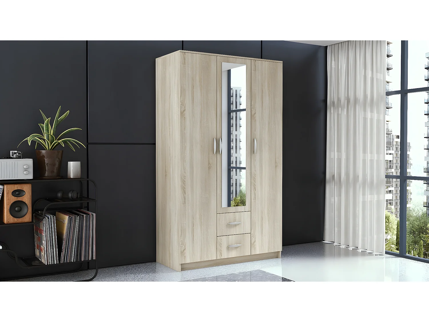 ROMA | Armadio ufficio grande camera da letto | Armadio multifunzionale | 2 porte | Specchio | 2 cassetti | Unità di stoccaggio | Scaffali