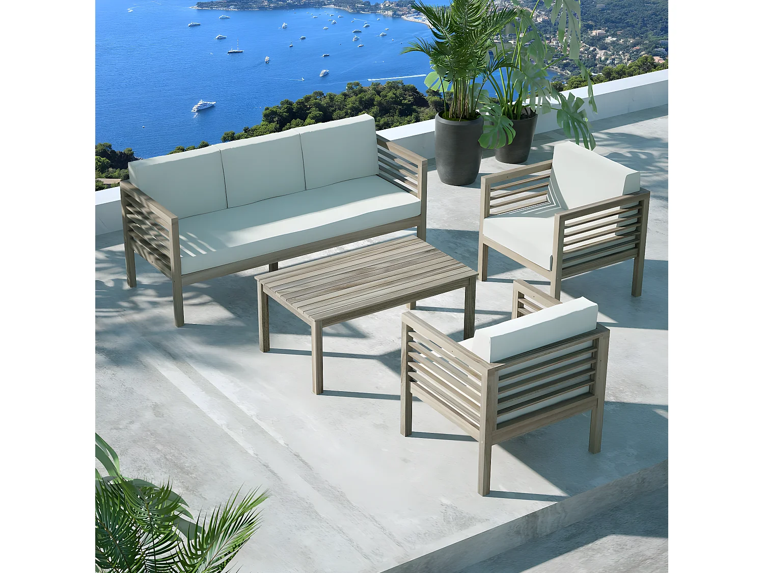 Salon de jardin 5 places en bois massif blanchi - Bondi