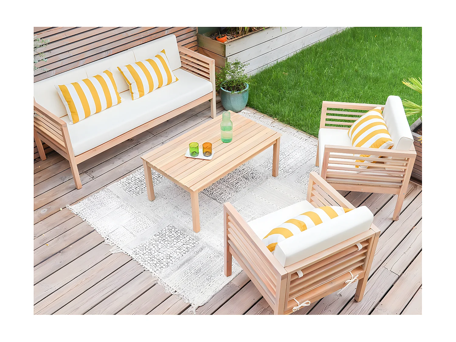 Salon de jardin 5 places en bois massif blanchi - Bondi