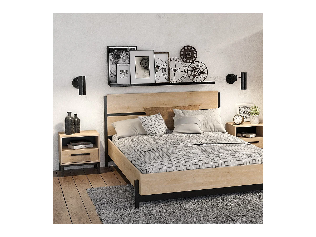 Mesilla de noche 1 cajón y 1 estante decorativo roble y negro mate Craft - L44,6 cm