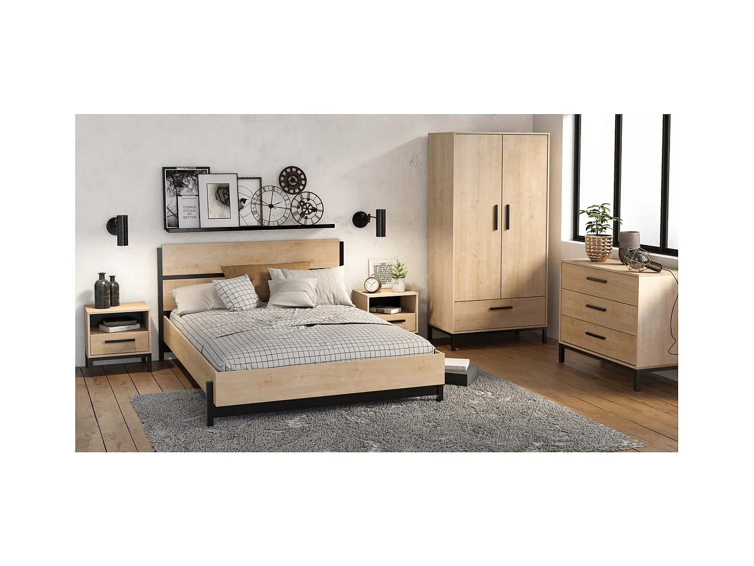 Mesilla de noche 1 cajón y 1 estante decorativo roble y negro mate Craft - L44,6 cm